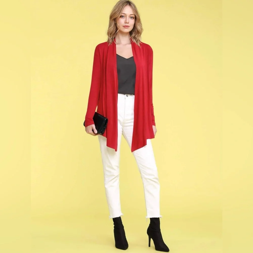 Draped Front Open Cardigan Casual Long Sleeve Lightweight Cardigan -red